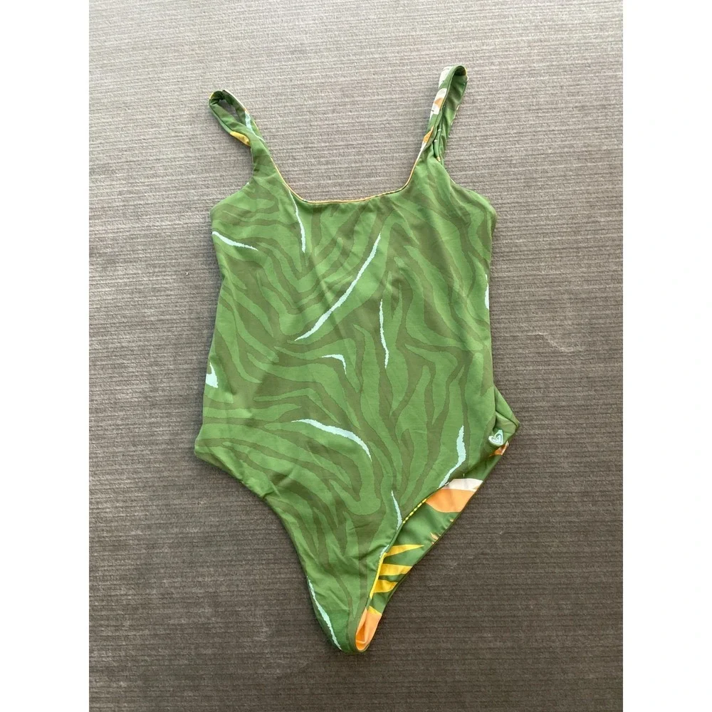 Roxy One Piece Bathing‎ Suit Women XL Green Palm Reversible Vacation High Cut